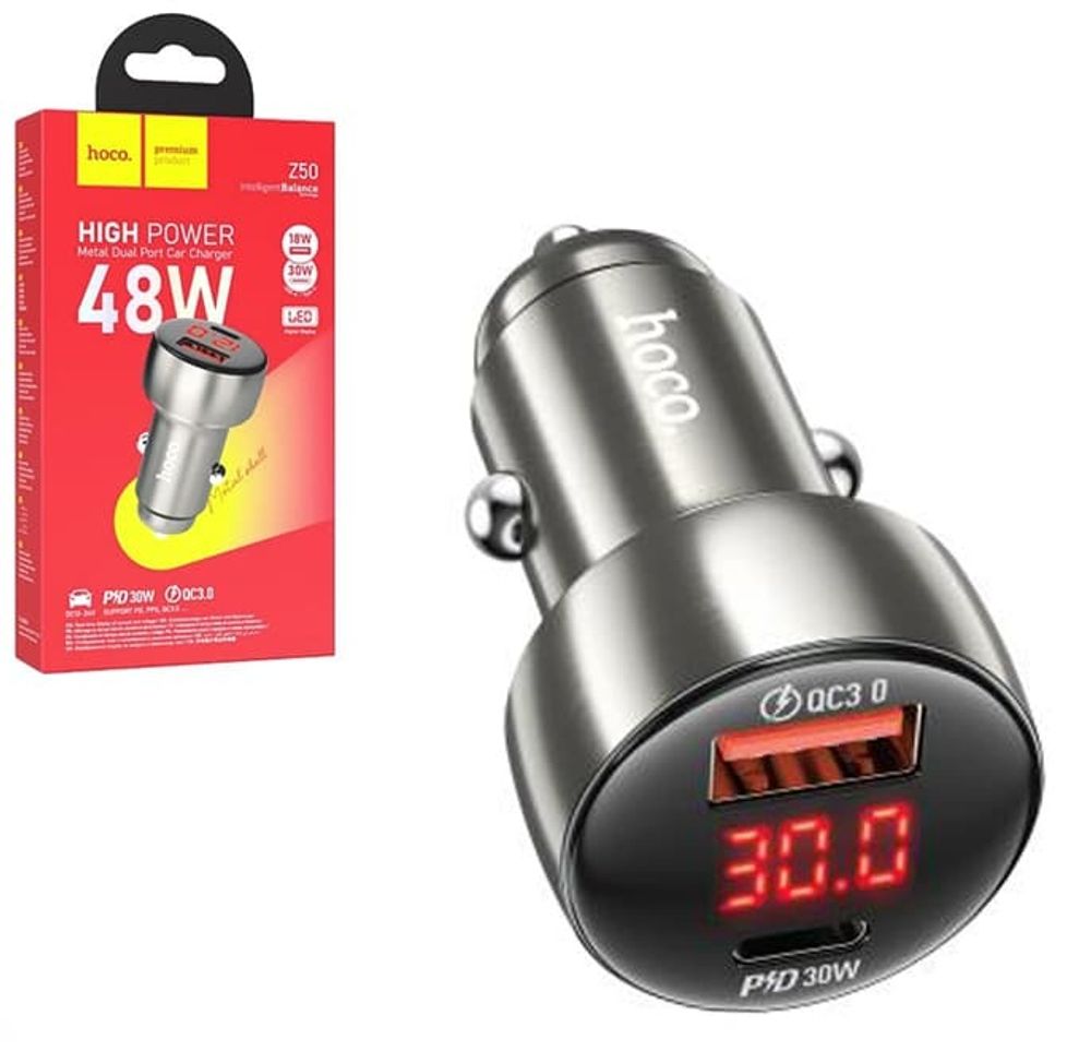 Автомобильный адаптер питания HOCO Z50 PD 30W + QC 3.0 (серый)