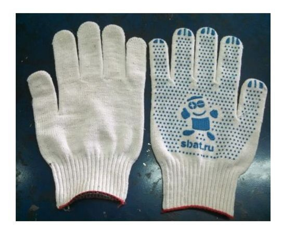Перчатки х/б с ПВХ 4 нити 10 класс, вес пары 50гр, белые Батареечка - упаковка 5 пар.