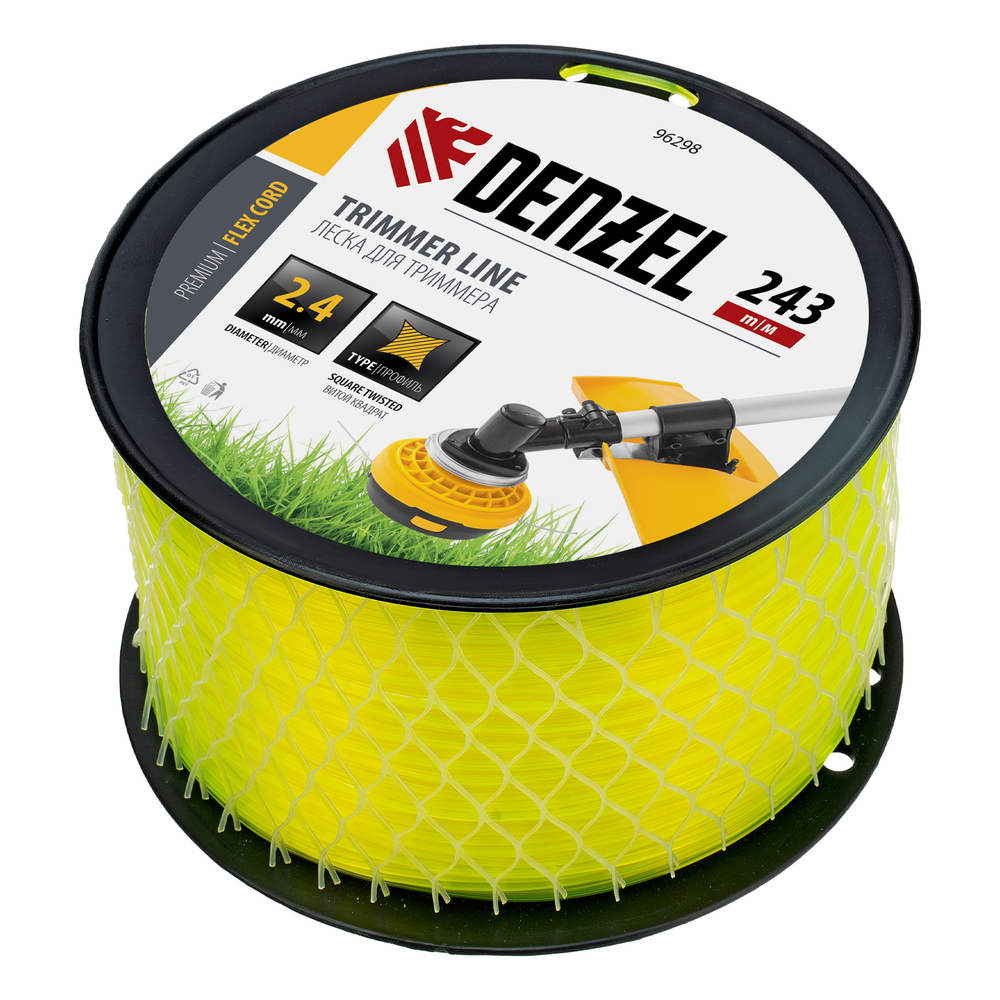 Леска для триммера витой квадрат, 2,4мм х 243м, на DIN катушке FLEX CORD Denzel