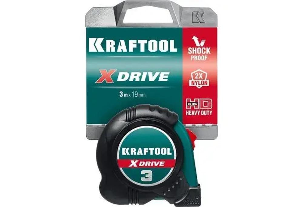 Рулетка строительная измерительная 3м / 19мм KRAFTOOL X-Drive, рулетка с ударостойким обрезиненным корпусом
