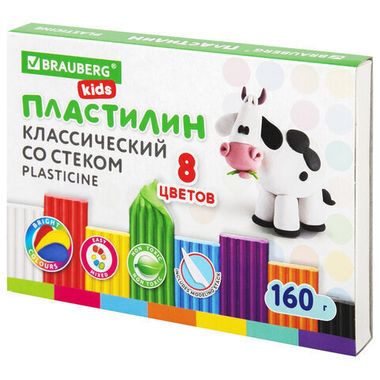 Пластилин классический BRAUBERG KIDS, 8 цветов, 160 г, со стеком,106501
