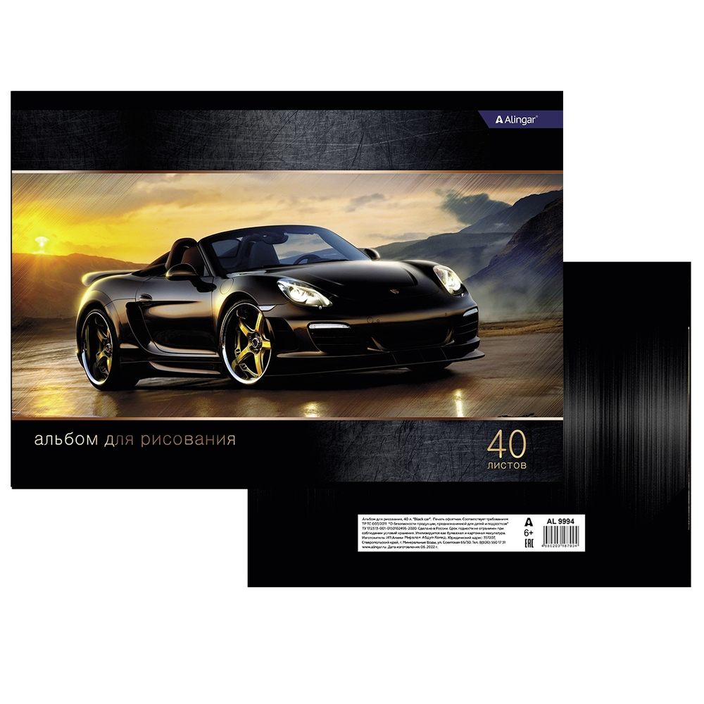 Альбом для рисования 40л., А4, на скрепке Alingar "Black car"