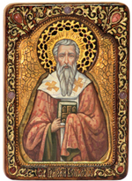 Инкрустированная живописная икона Святитель Григорий Богослов 29х21см на натуральном кипарисе в подарочной коробке
