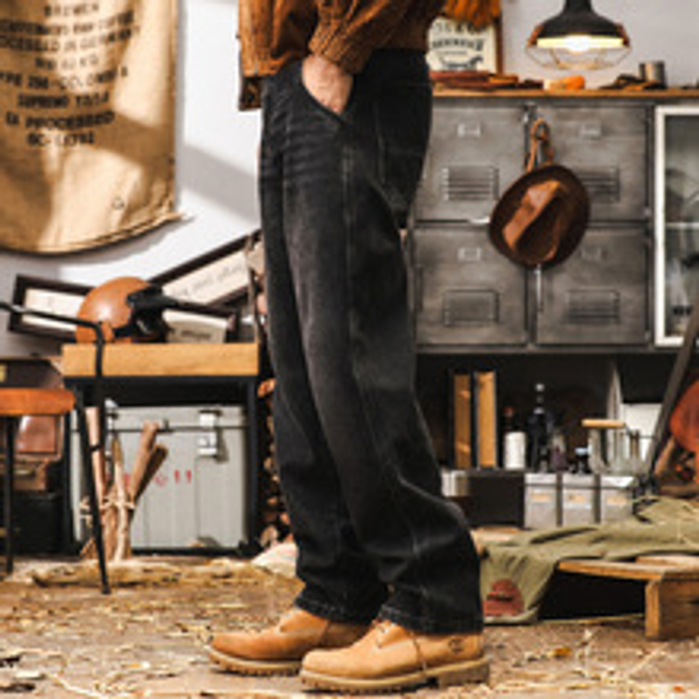 Мужские джинсы чёрного в американском классическом ретро-стиле, осенние свободные прямые брюки больших размеров, новые модные повседневные брюки для мужчин 2025 года