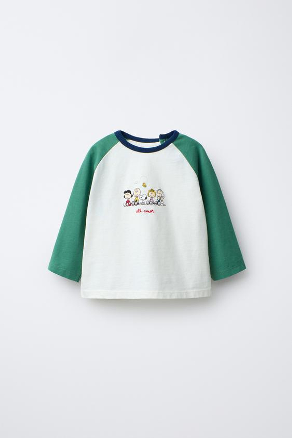 ZARA ФУТБОЛКА С РУКАВАМИ РЕГЛАН SNOOPY PEANUTS™, ЭКРЮ/ЗЕЛЕНЫЙ