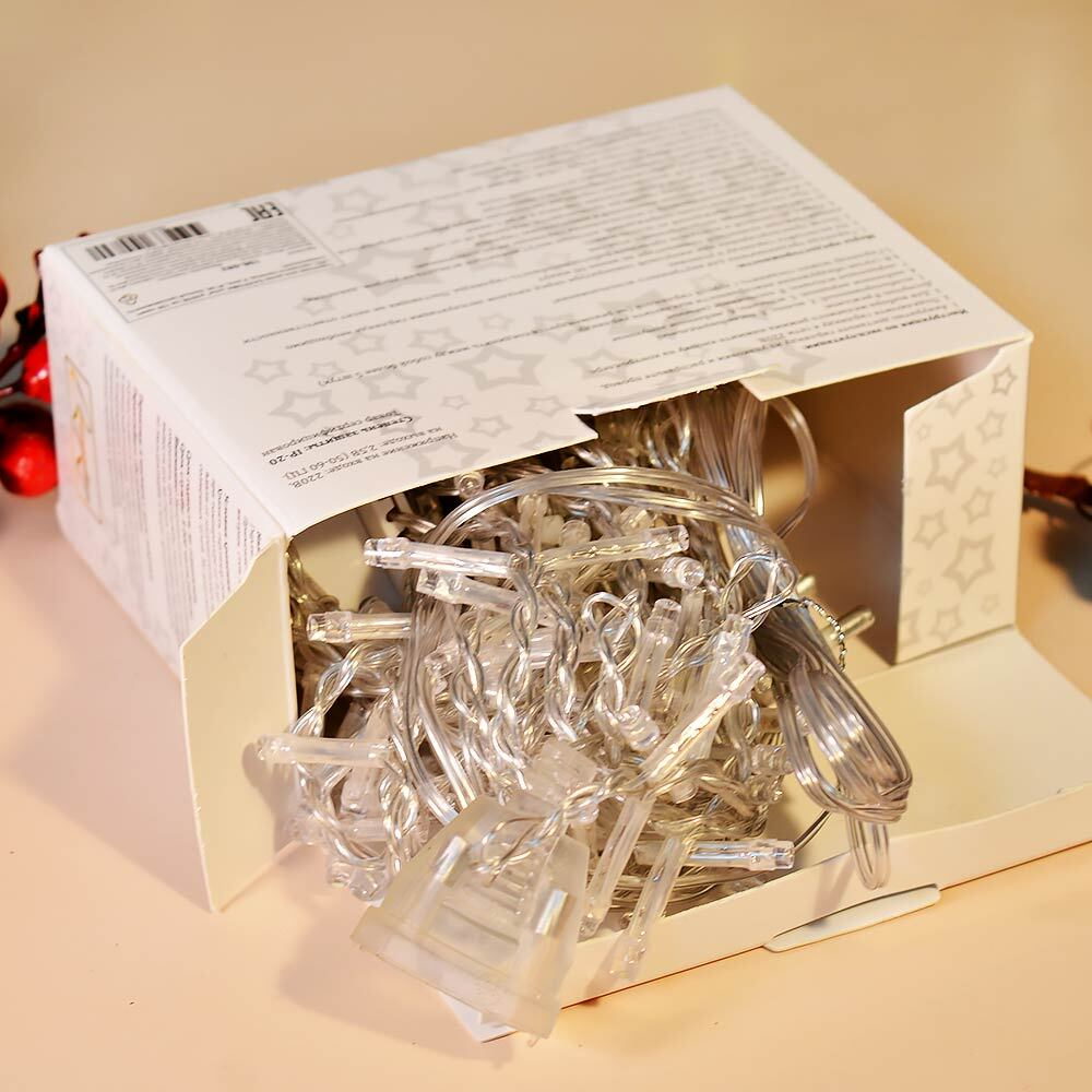 Гирлянда электрическая 9,5м, 100 ламп LED, прозрачный провод, 8 режимов, белый свет