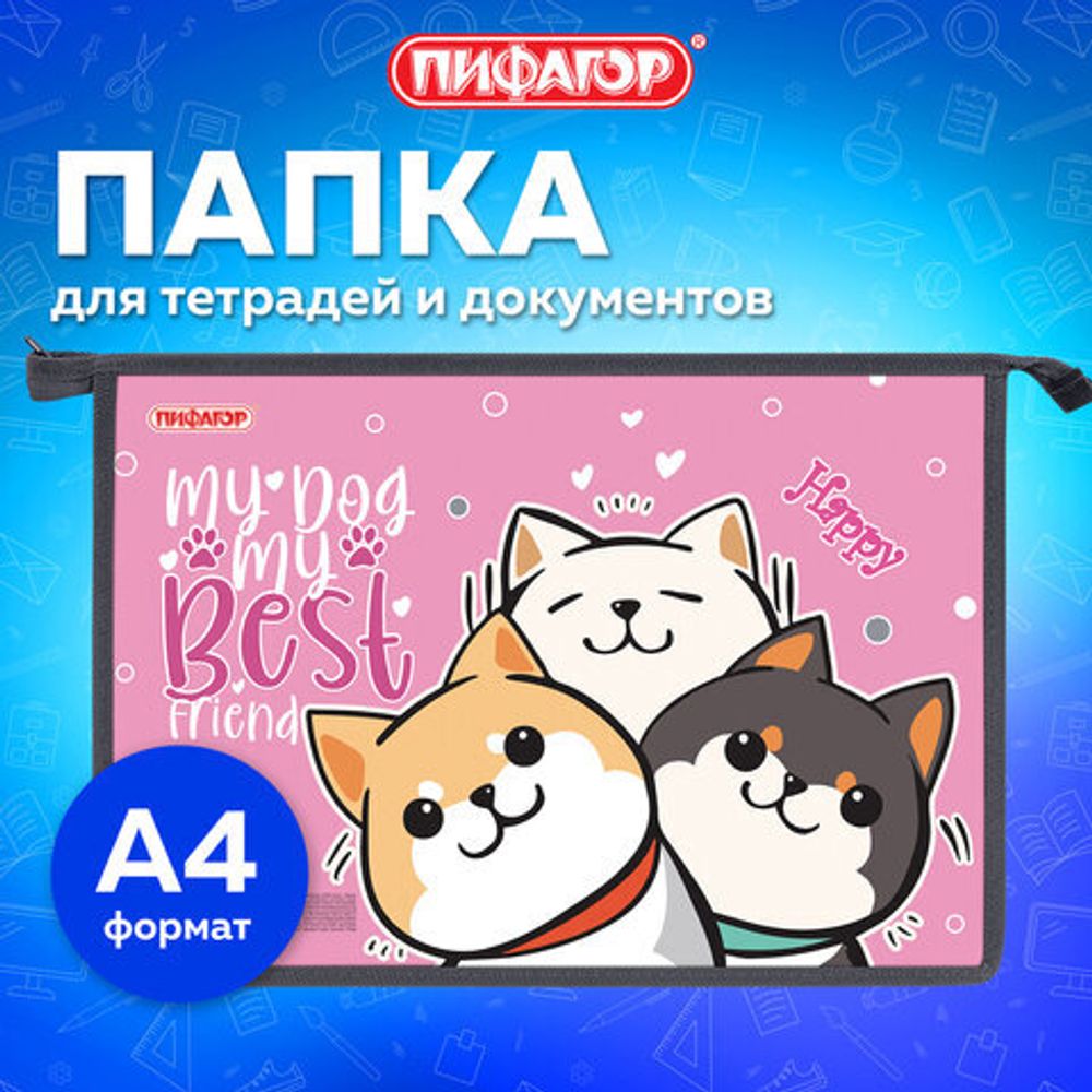 Папка для тетрадей ПИФАГОР А4, 1 отделение, картон/пластик, на молнии, "Best team", 272124