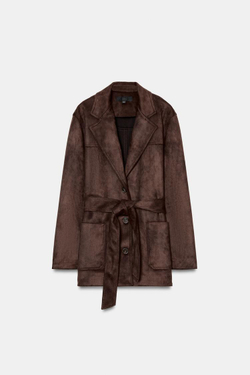 ZARA КУРТКА ИЗ ИСКУССТВЕННОЙ ЗАМШИ С РЕМНЕМ, ТЕМНО-КОРИЧНЕВЫЙ