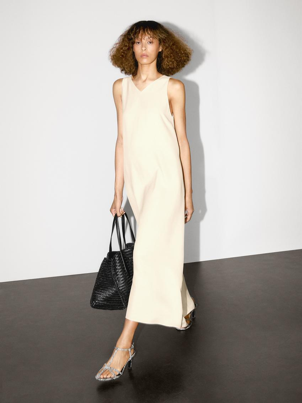 Massimo Dutti Длинное платье из струящейся ткани с V-образным вырезом, светло-желтый