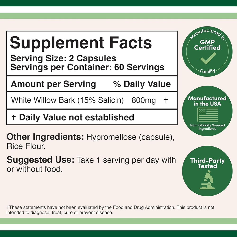 Double Wood Supplements - White Willow Bark - 120 x 400 mg capsules
