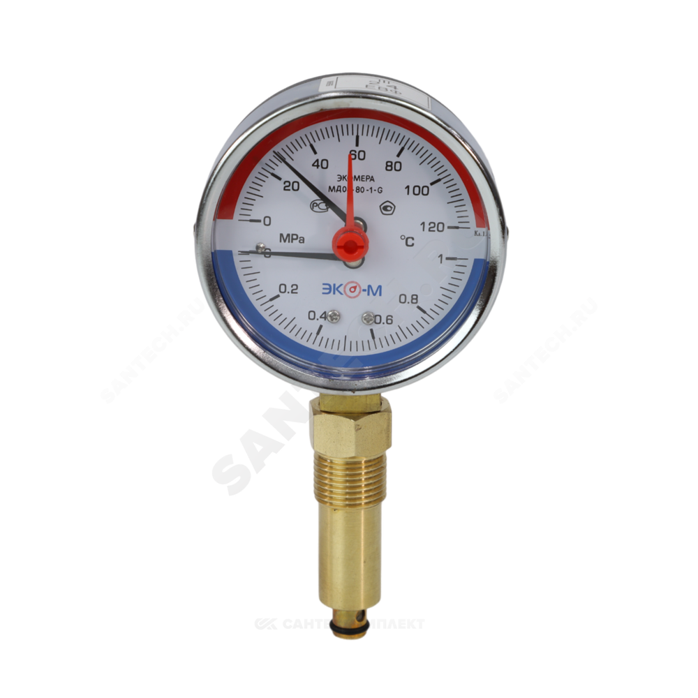 Термоманометр МД04 радиальный Дк80 0-1,0 МПа L=40мм G1/4" 120С с переходником на G1/2" ЭКОМЕРА МД04-80-G-1МПа-120-L-40-РИ