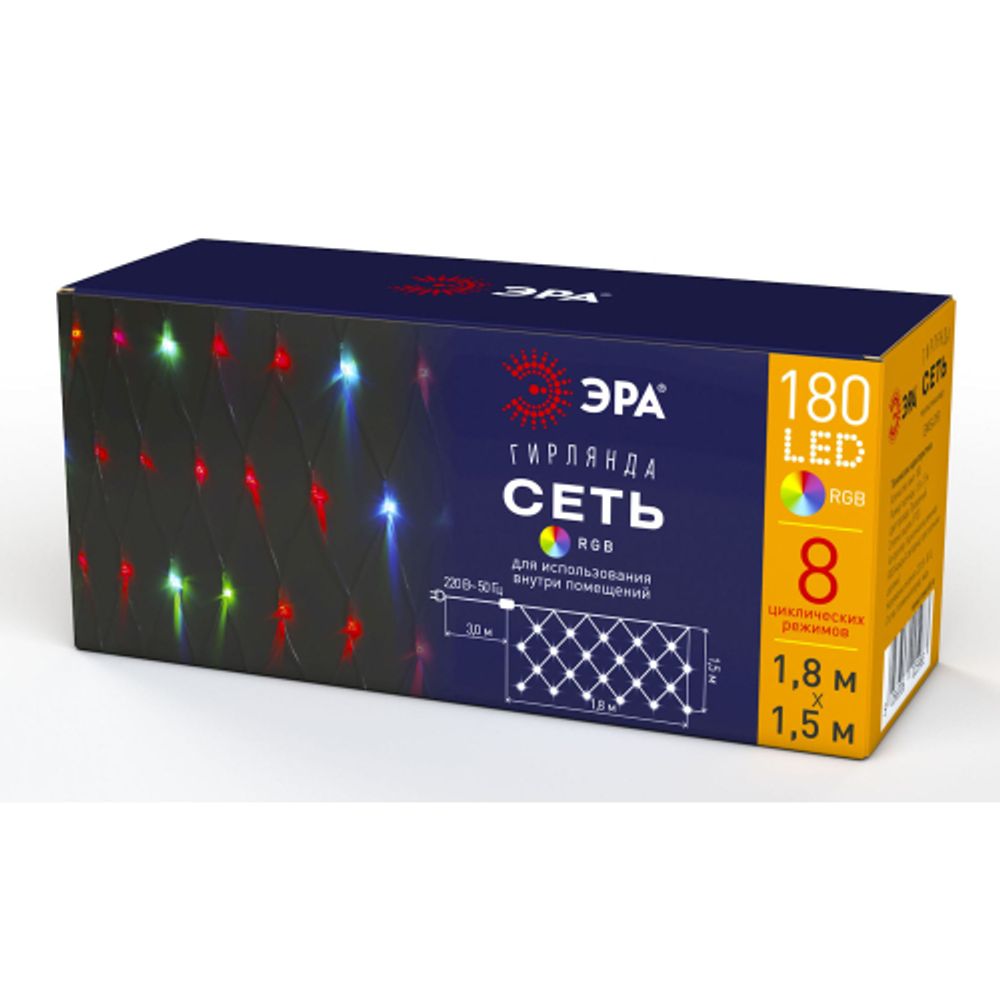 Светодиодная новогодняя гирлянда ЭРА ENIS-01R сеть 1,8мХ1,5м RGB | Гирлянды