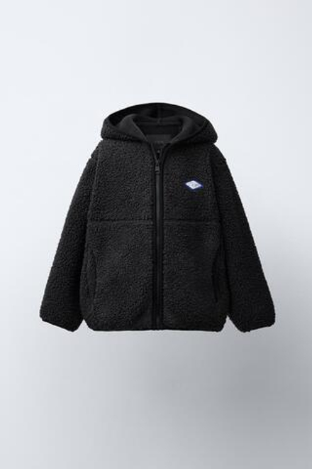 ZARA КУРТКА ИЗ ИСКУССТВЕННОЙ ОВЧИНЫ С КАПЮШОНОМ, ТЕМНЫЙ АНТРАЦИТ