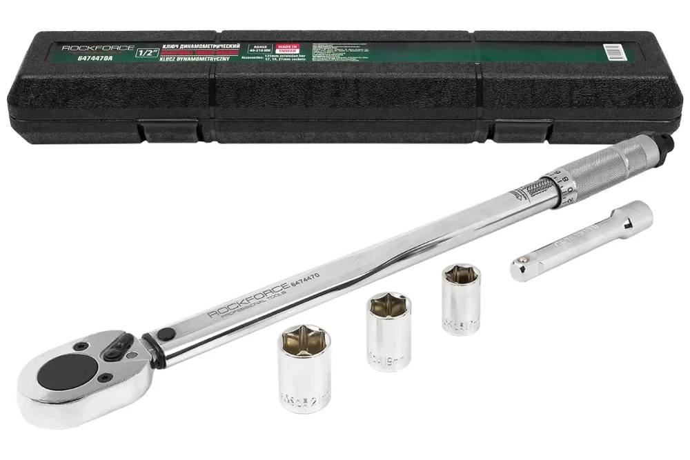 Ключ динамометрический RF-6474470A: 1/2 DR (40-210Nm) щелчкового типа в наборе с головками и удлинителем ROCKFORCE
