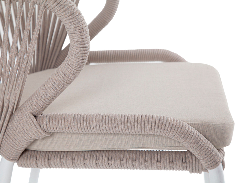 "Милан" стул плетеный из роупа, каркас алюминий белый муар, роуп бежевый круглый, ткань бежевая 15052