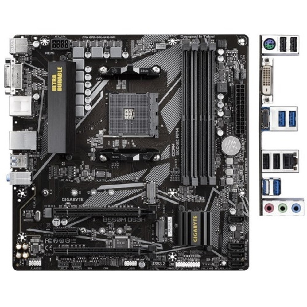 Материнская плата Gigabyte B550M DS3H RTL (Socket AM4, AMD B550, 4xDDR4-3200, DVI-D+HDMI, 2xPCI-Ex16, 1xPCI-Ex1, 4xSATA3(RAID 0/1/10), 2xM.2, 8 Ch Audio, GLan, (4+2)xUSB2.0, (4+2)xUSB3.2, 1xPS/2, mATX)