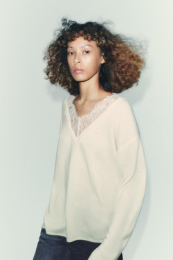 ZARA ДЖЕМПЕР С КРУЖЕВНОЙ ОТДЕЛКОЙ, ЭКРЮ