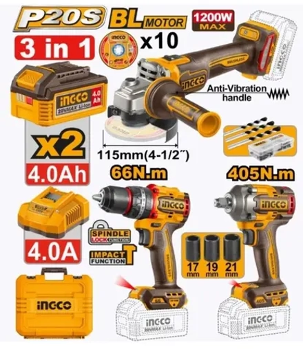 Набор аккумуляторного инструмента INGCO CKLI20358 INDUSTRIAL 20 В 3 шт.