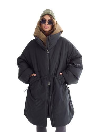Черно-оливковый длинный пуховик с капюшоном