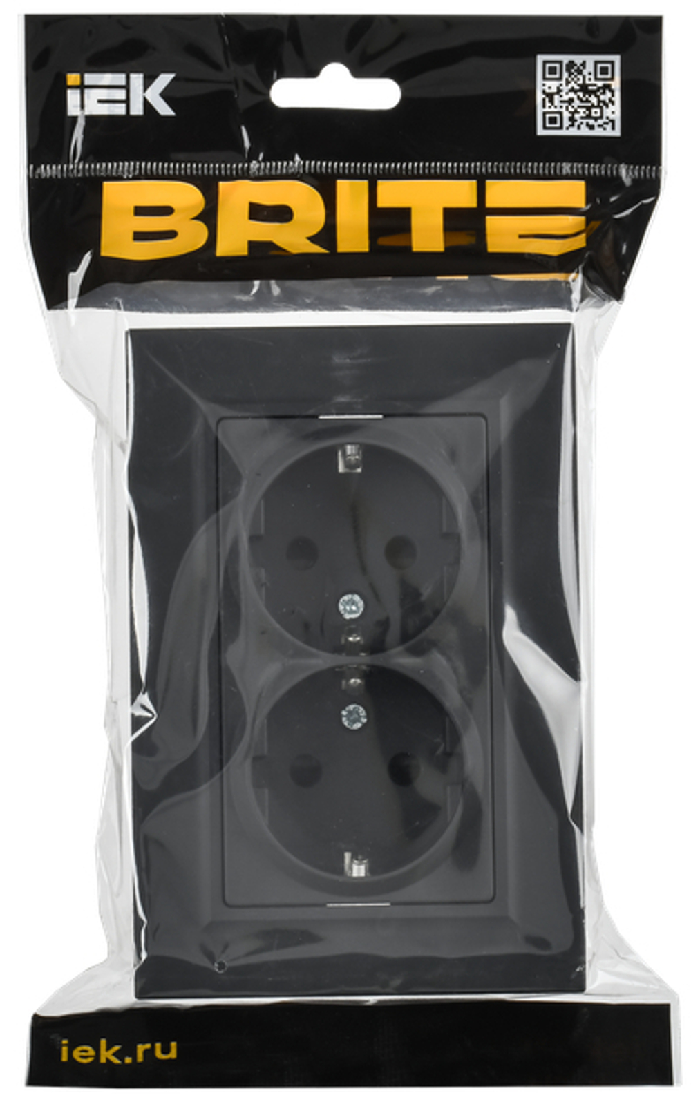 BRITE Розетка 2-местная с заземлением с защитными шторками плоская 16А в сборе РСшПл12-3-БрГ графит IEK