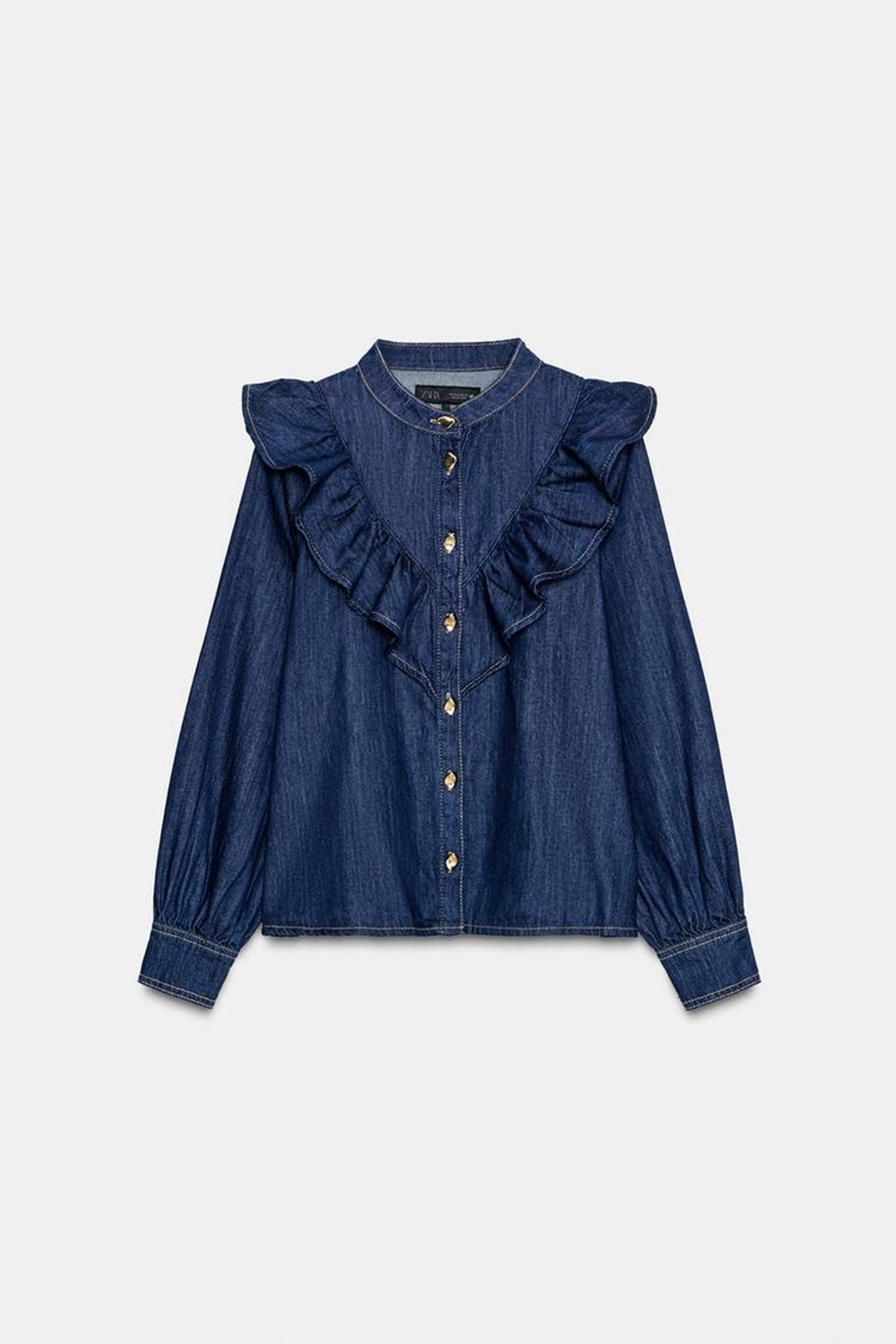 ZARA ДЖИНСОВАЯ РУБАШКА Z1975 С ВОЛАНАМИ, СИНИЙ