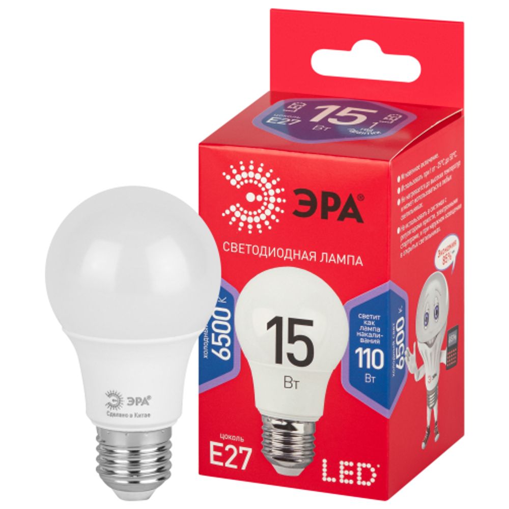 Лампа светодиодная ЭРА RED LINE LED A60-15W-865-E27 R 15Вт груша холодный дневной свет Е27 | Лампы cветодиодные Груша (A)