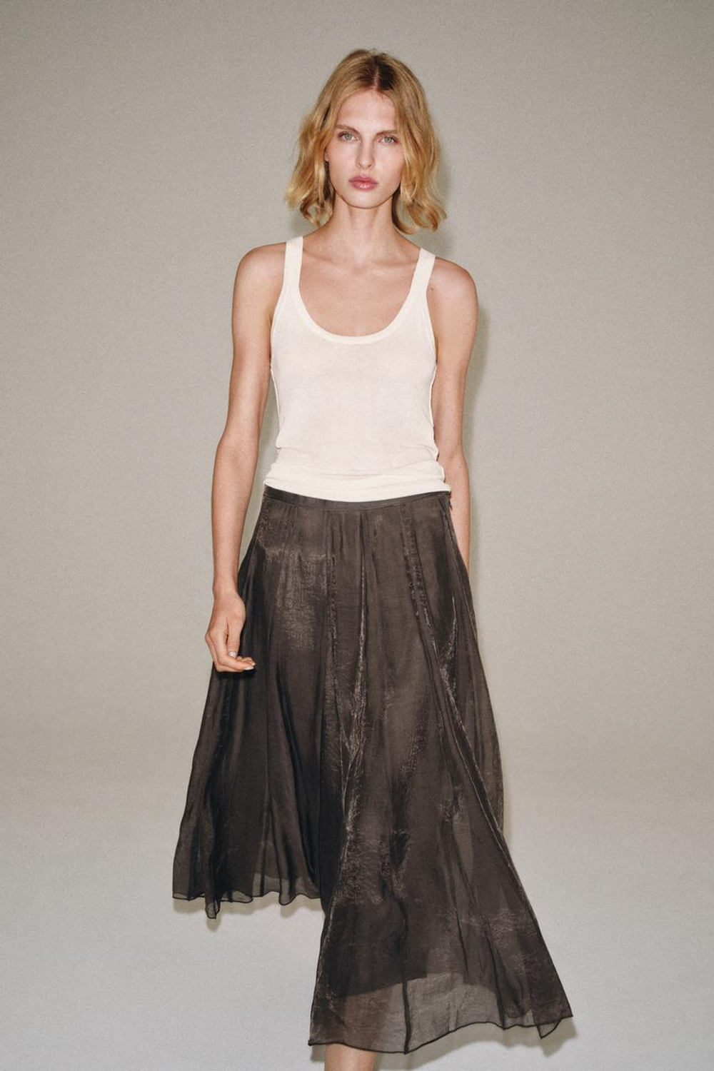 ZARA КОМБИНИРОВАННАЯ СТРУЯЩАЯСЯ ЮБКА — ZW COLLECTION, КОРИЧНЕВЫЙ