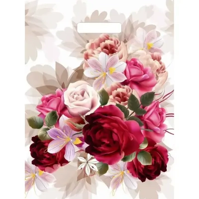 Пакет ПЭ с вырубной ручкой 31+6Тико глянец (Пионы на бежевом) Р (комплект 50 шт)