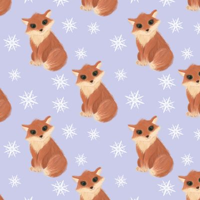 Лисичка на голубом фоне со снежинками