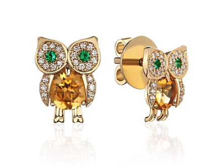Пусеты "Совушки" из желтого золота с изумрудами, цитринами и бриллиантами