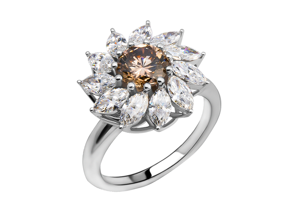 Неотразимое кольцо &quot;Цветок&quot; с коричневым бриллиантом и бриллиантами огранки маркиз