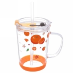 Кружка стеклянная 450мл с крышкой и трубочкой «Апельсин»