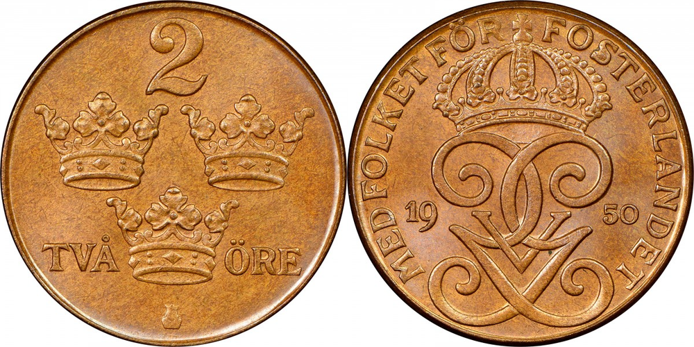 Швеция 2 эре, 1909 - 1950 Король Король Густав V XF