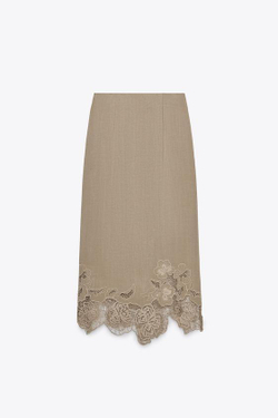 ZARA ЮБКА-СЛИП МИДИ С ВЫШИВКОЙ, СЕРО-КОРИЧНЕВЫЙ