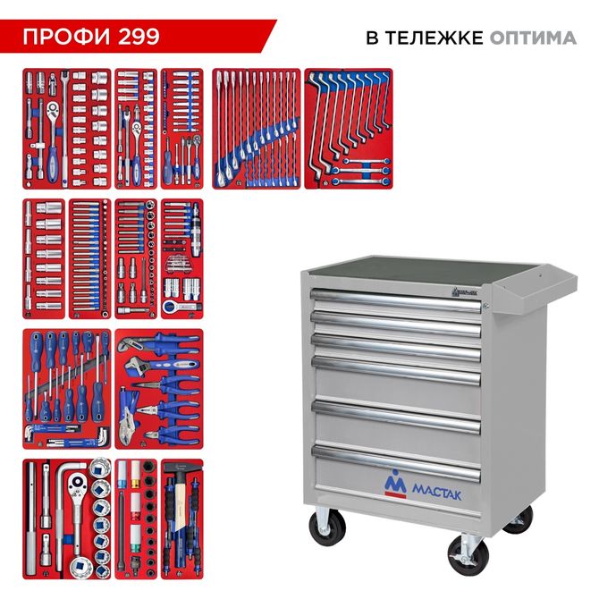 МАСТАК (52-06299G) Набор инструментов 299 предметов, "ПРОФИ 299", в серой тележке