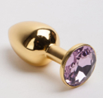 Золотистая металлическая анальная пробка с розовым стразом - 8,2 см. (Цвет: розовый)
