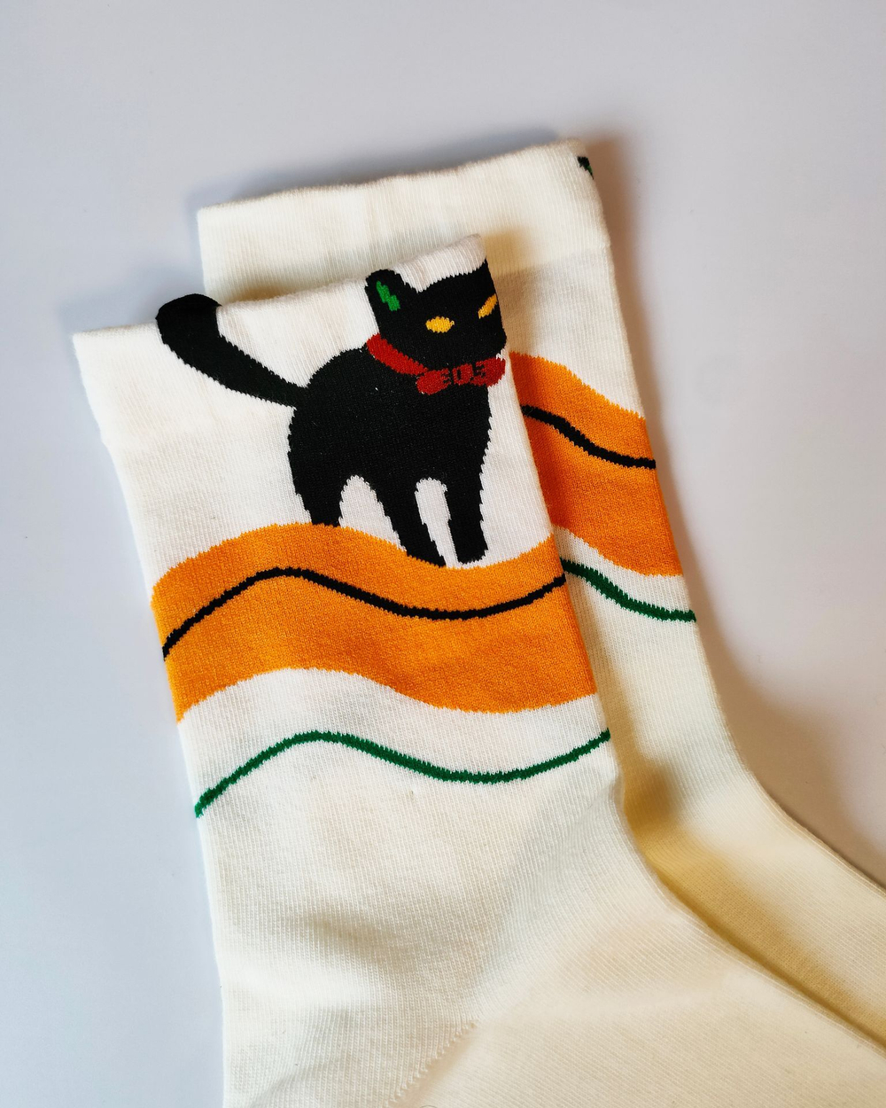 Носки р.35-40 "Ушки, Хвостики" Черный Кот с Желтой полосой