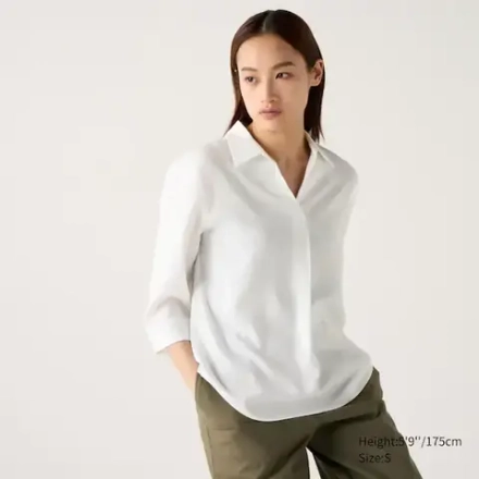 UNIQLO БЛУЗКА СО ШКИПЕРСКИМ ВОРОТНИКОМ ИЗ ВИСКОЗЫ (РУКАВ 3/4), БЕЛЫЙ