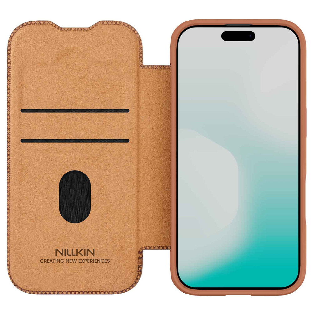 Кожаный чехол книжка коричневого цвета для iPhone 17, серия Qin Pro Leather с обновленной сдвижной шторкой от Nillkin