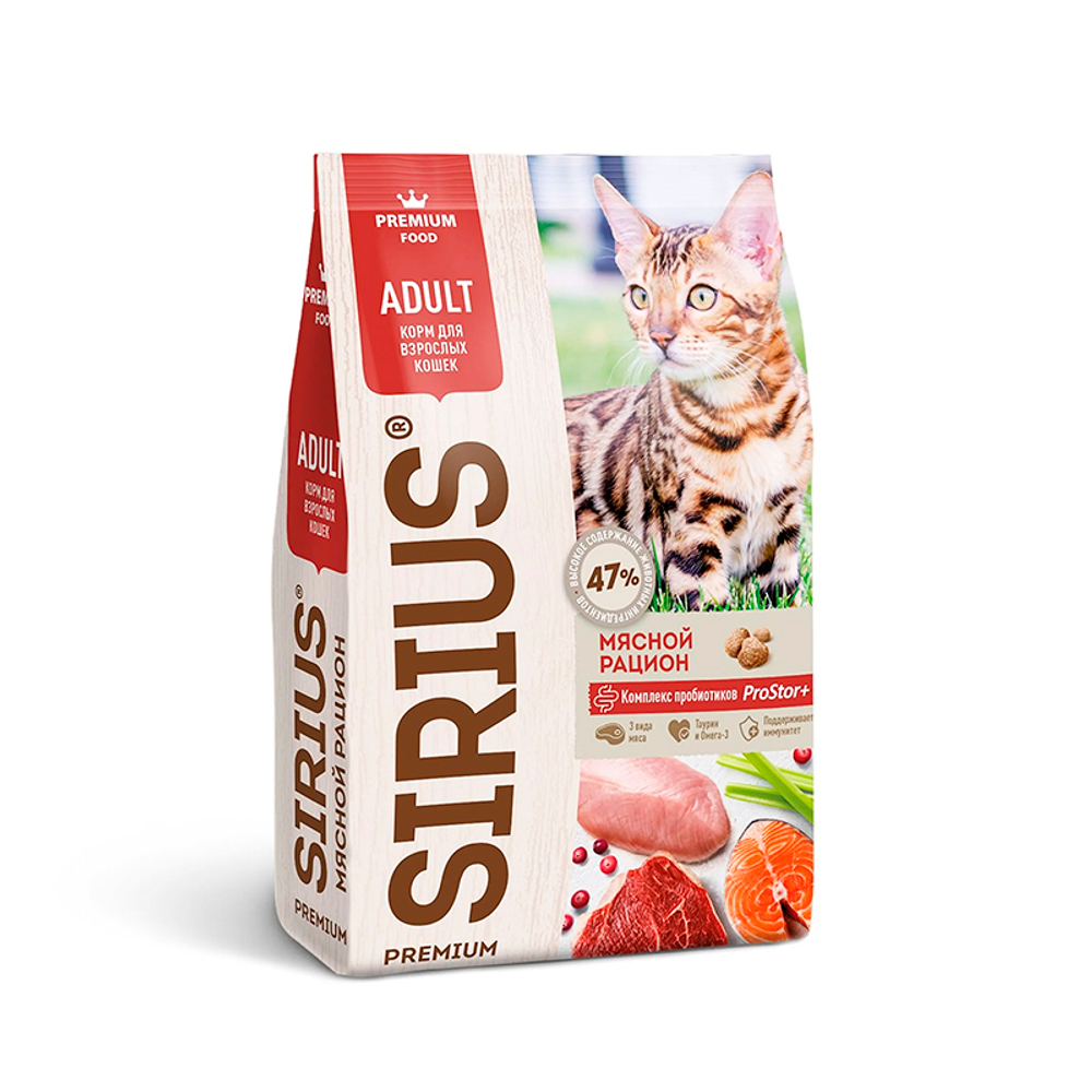 Сухой корм премиум-класса SIRIUS мясной рацион для взрослых кошек 400 г (Сириус)