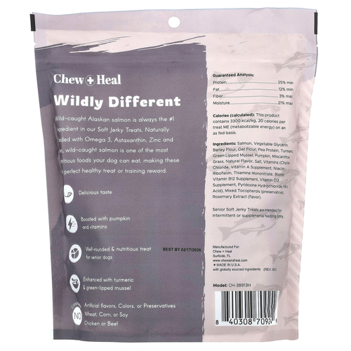 Chew + Heal, Мягкое вяленое лакомство для пожилых людей, для собак, с лососем, 340 г (12 унций)