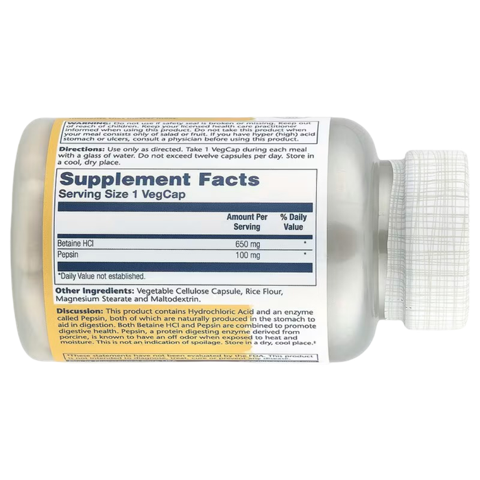 Бетаин с пепсином, Solaray High Potency Betaine HCl with Pepsin, 650 mg, 100 veg caps 2