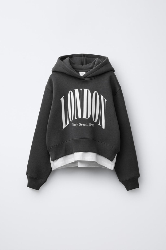 ZARA ТОЛСТОВКА С ДВОЙНЫМ НИЗОМ, КАПЮШОНОМ И В СТИЛЕ ПРЕППИ, АНТРАЦИТОВО-СЕРЫЙ