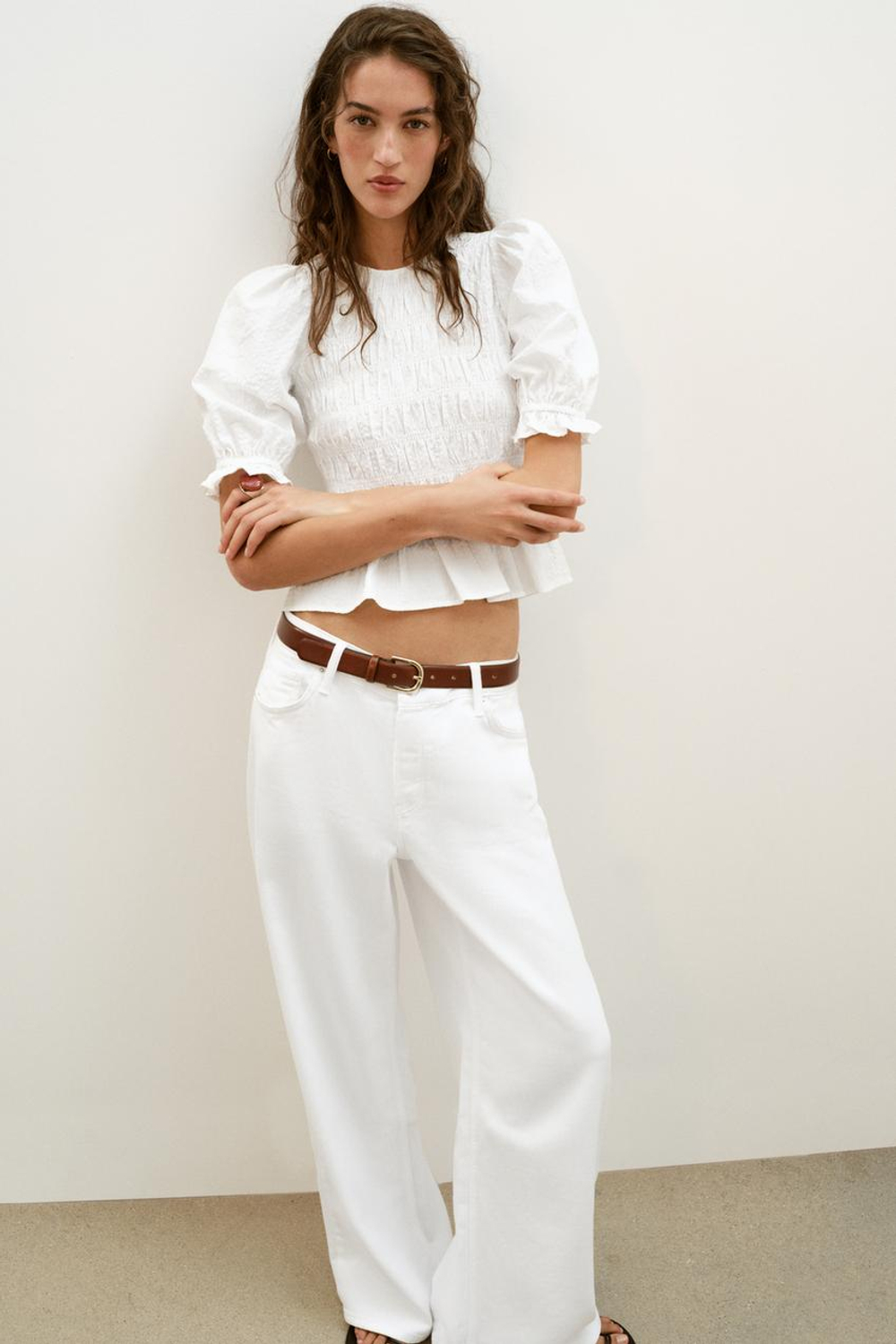 ZARA ТОП В КЛЕТКУ С ЭФФЕКТОМ ЖАТКИ, БЕЛЫЙ