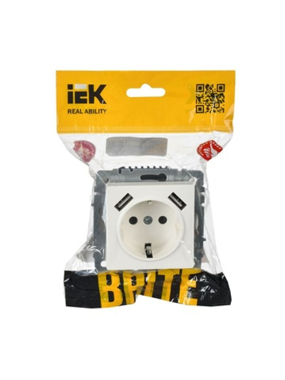 Розетка BRITE РЮш10-1-БрБ 16А с USB A+A 2.1А с заземл. защ. шторки механизм бел. IEK BR-R14-16-U21-D21-K01