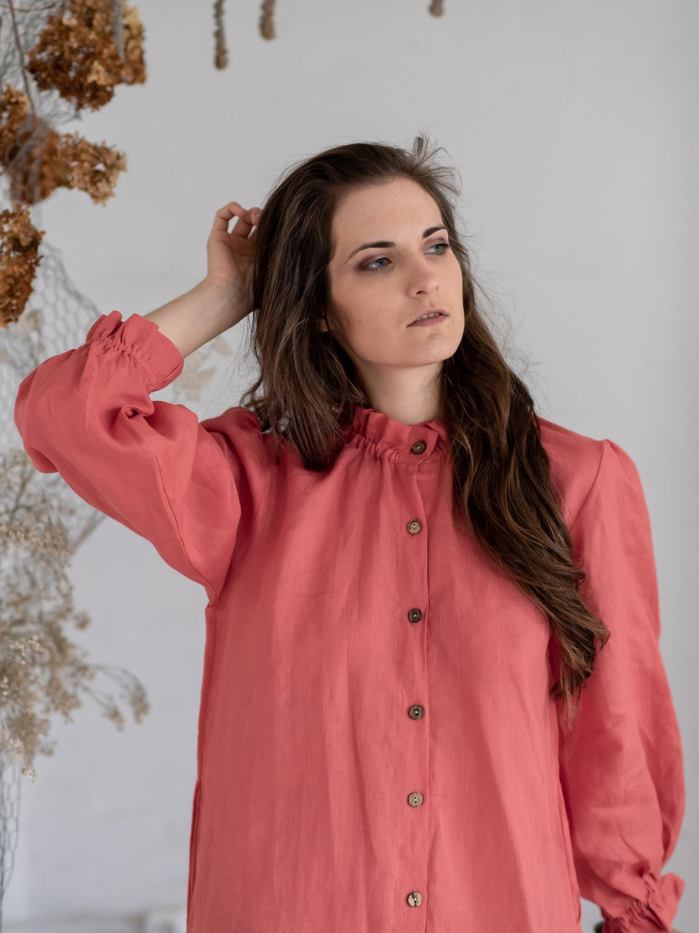 Льняное бохо платье (малиновый)