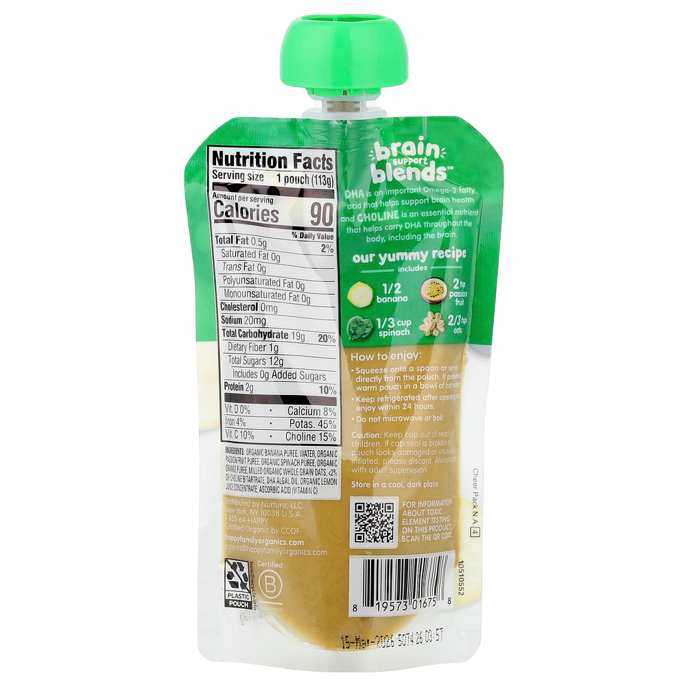 Happy Family Organics, Happy Baby®, Brain Support Blends™, для детей от 6 месяцев, органические бананы, маракуйя, шпинат и овсянка, 113 г (4 унции)