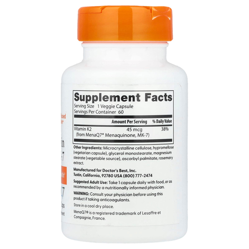 Doctor's Best, натуральный витамин K2 MK-7 с MenaQ7, 45 мкг, 60 вегетарианских капсул