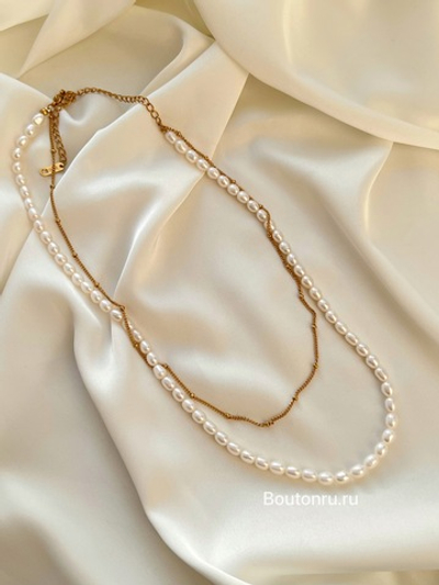 Колье двойное с жемчугом и золотистой цепочкой