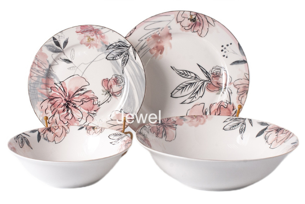 Сервиз столовый 19 предметов JEWEL РОЗАЛИ (в комплекте салат.23 см, тарел.23 см,тарел.19 см, салатник 18 см) фарфор New Bone